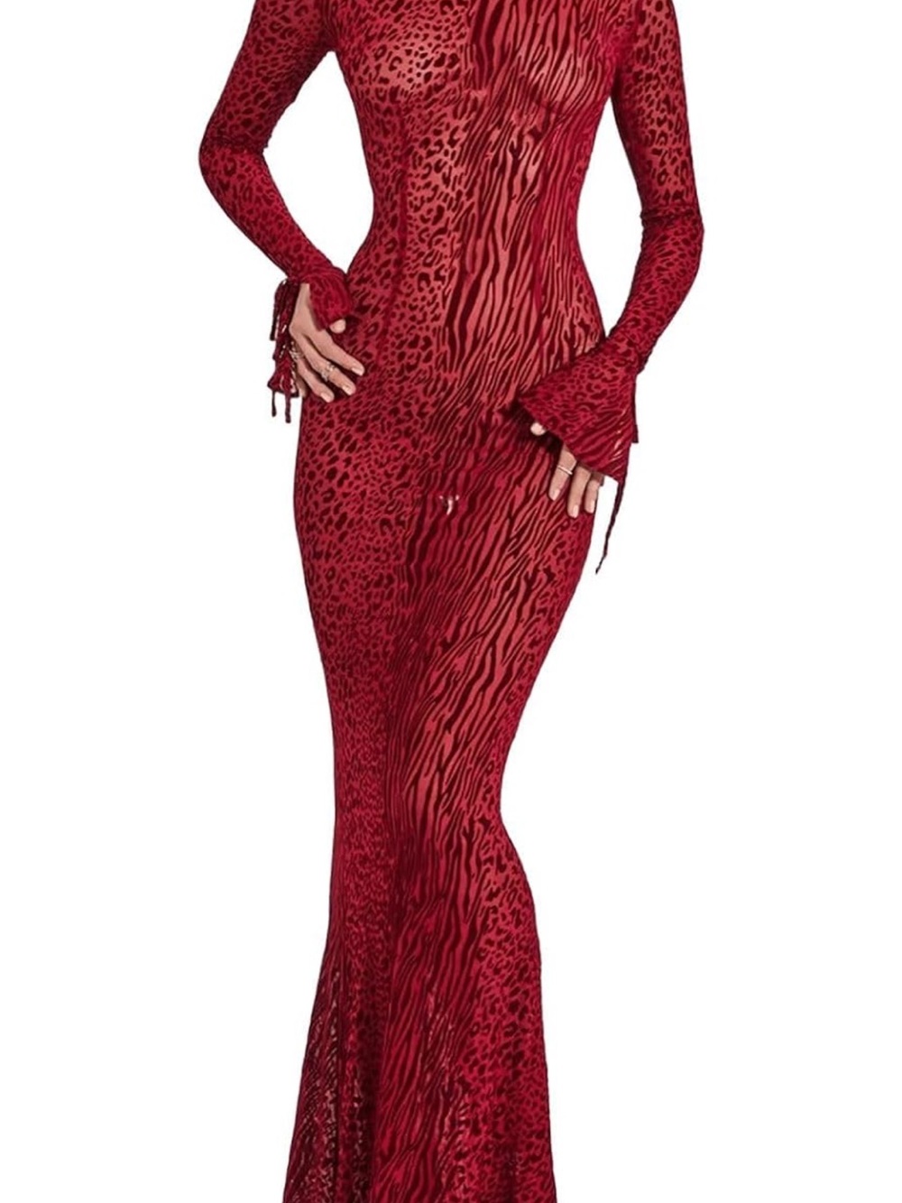 Amazon Red Long-Sleeve Animal-Print Bodycon Maxi Dress